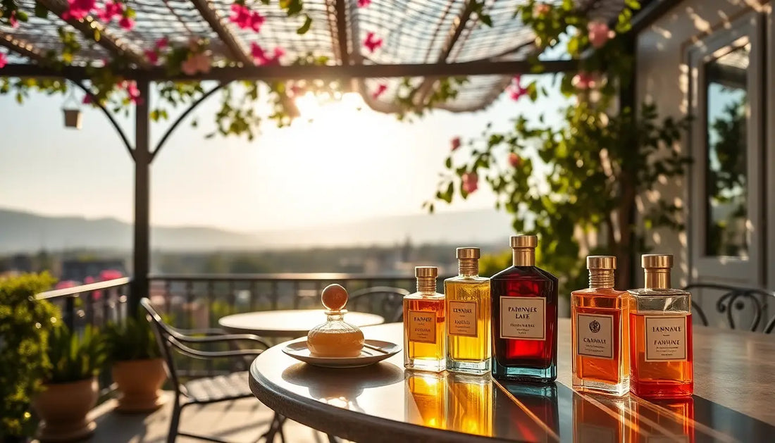 Exotic home fragrances displayed on a sunlit outdoor table under a floral pergola.