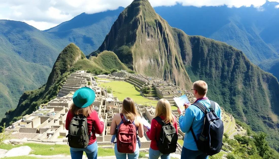 Tourists with backpacks viewing the ancient Machu Picchu ruins surrounded by mountains on a sunny day