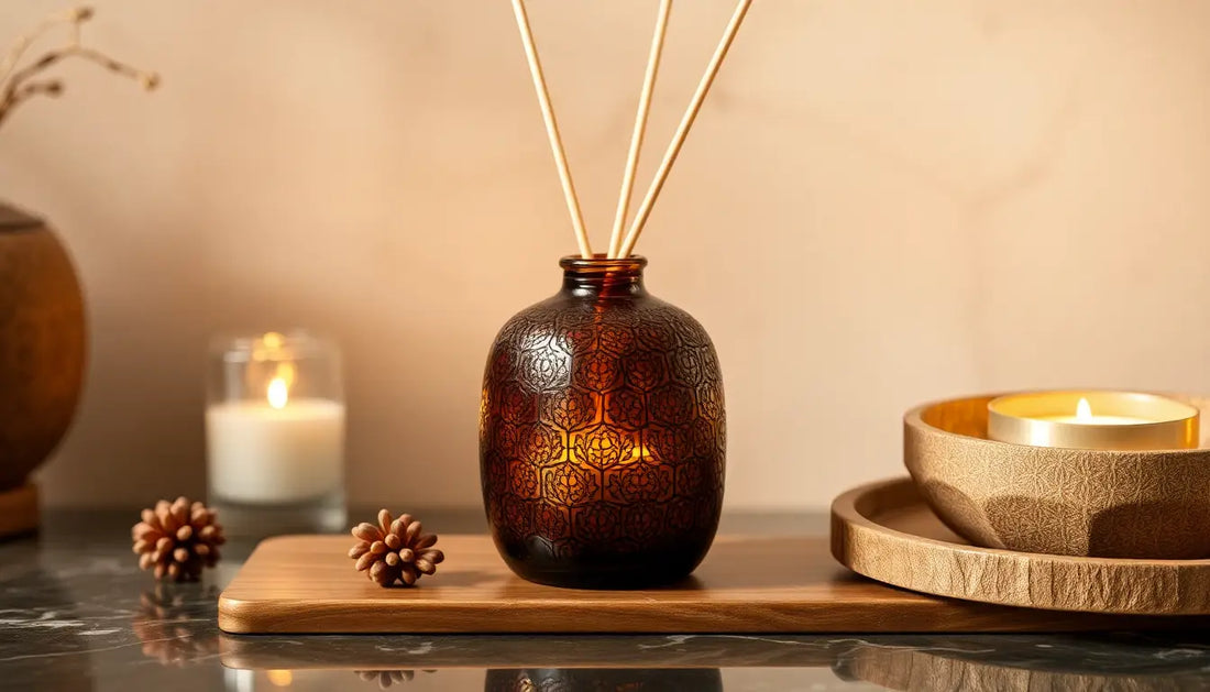 Marokkanischer Raumduft Diffuser in braunem Glas mit orientalischem Muster und Duftstäbchen auf Holztablett, umgeben von Kerzen und Dekoration