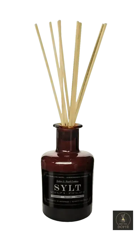 Schilfdiffusor in einer dunklen Glasflasche.