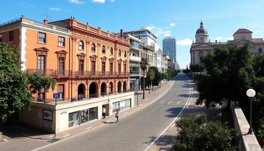 Quiet city street with historic and modern buildings under a clear blue sky, symbolizing inspiring Raumdüfte zu Hause.