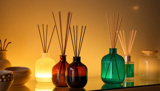 Various colorful reed diffuser bottles with sticks emitting room scents against a warm yellow background, illustrating the history of room fragrances.