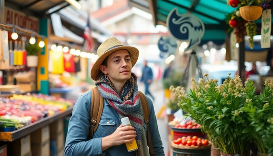 young traveler in hat exploring colorful market with fresh produce and plants, representing Duftreisen Herausforderungen and sensory travel experiences