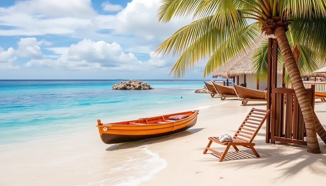 Tropical beach scene with palm trees, wooden lounge chair, thatched huts, and a small boat on white sand, evoking Caribbean island vibes for Duft Diffuser online kaufen.