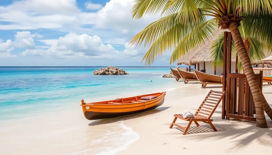 Tropical beach scene with palm trees, wooden lounge chair, thatched huts, and a small boat on white sand, evoking Caribbean island vibes for Duft Diffuser online kaufen.