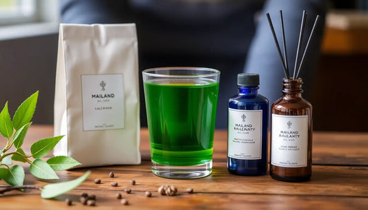 Mailand Raumduft diffuser set with green tea scent in glass, blue and brown bottles on wooden table
