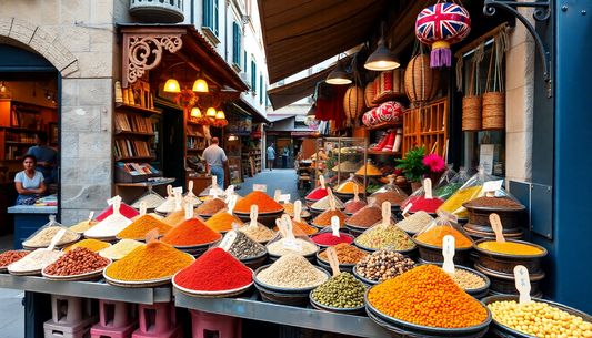 Colorful spices and herbs displayed in bowls at a vibrant European market street, highlighting duftreiseziele europa flavors and aromas.
