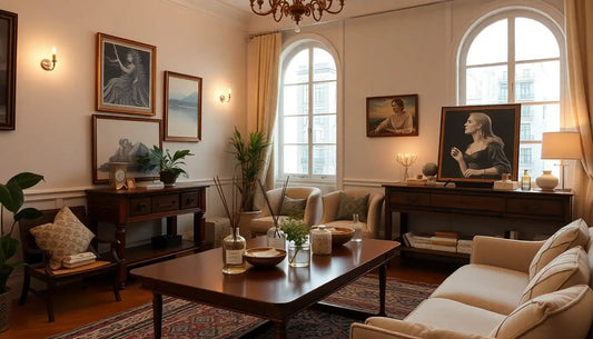 Elegant living room with classic wooden furniture, framed artworks, and decorative reed diffusers creating a warm Buenos Aires-inspired ambiance