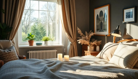 Cozy bedroom interior with natural sunlight, beige curtains, potted plants on a window sill, framed wall art, and warm neutral tones creating a relaxing atmosphere.