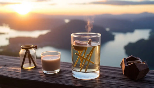 Glas mit heißer Raums Duft und Holzstäbchen für bessere Reiseerfahrung in Städten