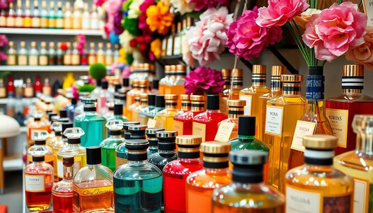 Colorful perfume bottles displayed on a shelf at an international fragrance market with vibrant flowers in the background, representing diverse global perfumery cultures.