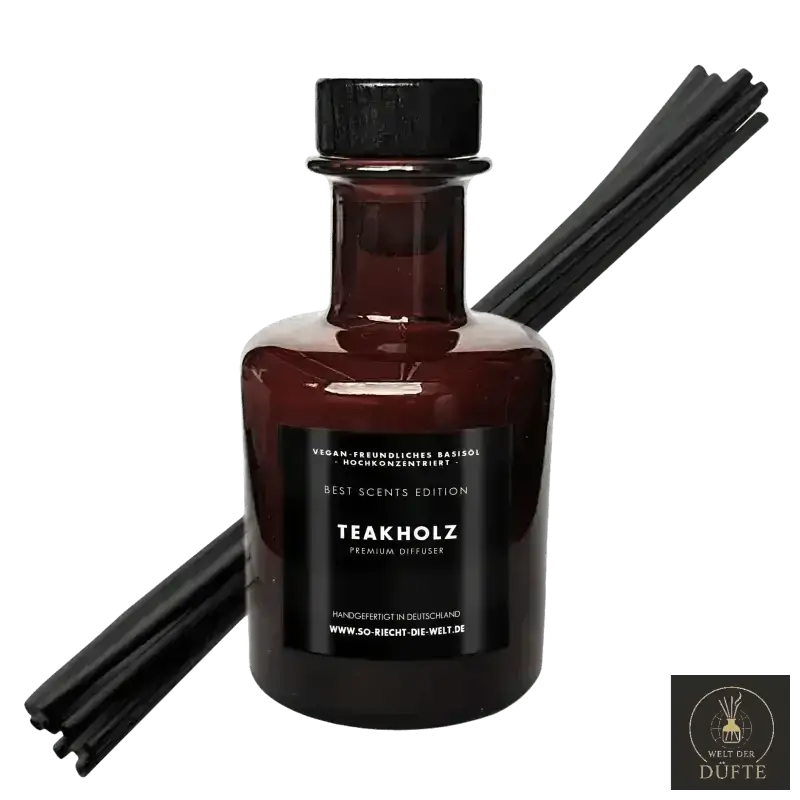 Premium-Diffusor aus Teakholz mit schwarzem Schilfrohr.